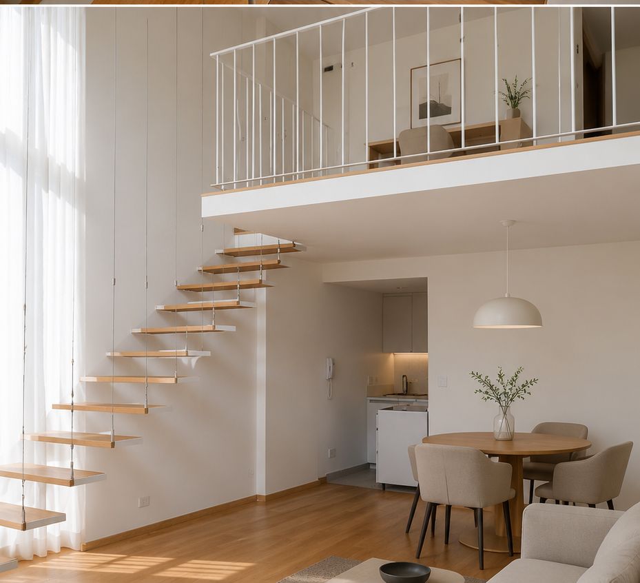Unidad dúplex del edificio Tacuarí 1051, con escalera de madera y entrepiso hacia el living-comedor